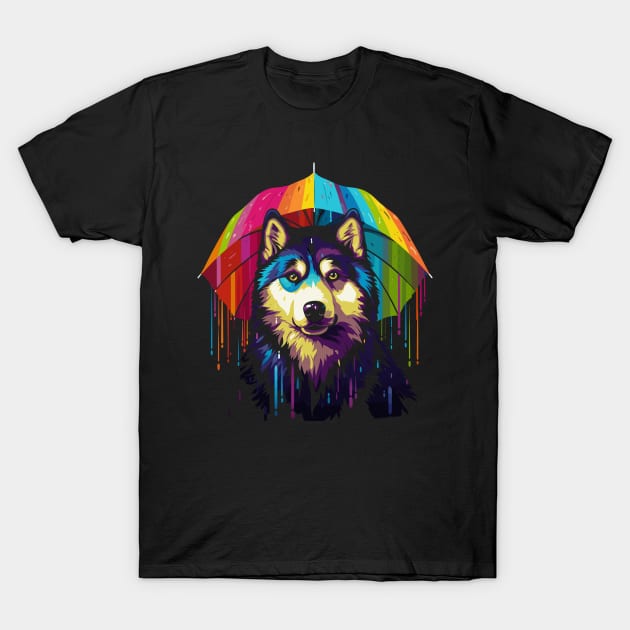 Alaskan Husky Rainy Day With Umbrella T-Shirt by JH Mart